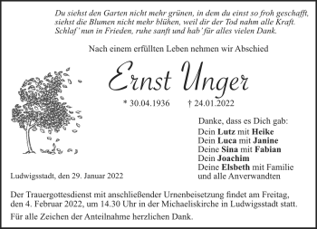 Traueranzeige von Ernst Unger von Neue Presse Coburg