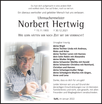 Traueranzeige von Norbert Hertwig von Südthüringer Presse