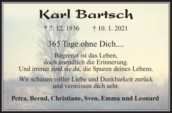 Traueranzeige von Karl Bartsch von Südthüringer Presse