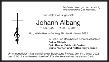 Traueranzeige von Johann Albang von Frankenpost