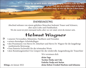 Traueranzeige von Helmut Wagner von Südthüringer Presse