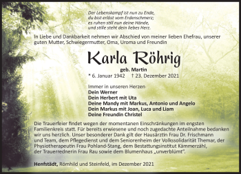 Traueranzeige von Karla Röhrig von Südthüringer Presse