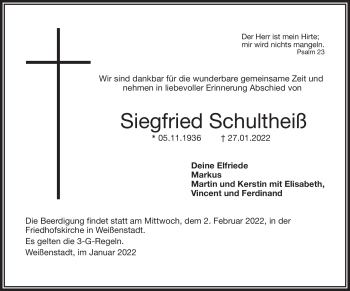 Traueranzeige von Siegfried Schultheiß von Frankenpost