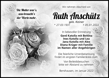 Traueranzeige von Ruth Anschütz von Südthüringer Presse