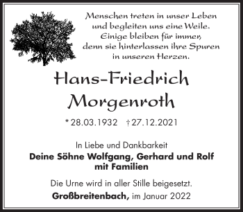 Traueranzeige von Hans-Friedrich Morgenroth von Südthüringer Presse