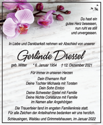 Traueranzeige von Gerlinde Dressel von Südthüringer Presse