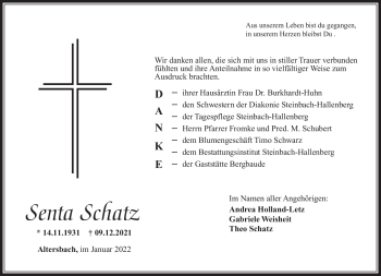Traueranzeige von Senta Schatz von Südthüringer Presse
