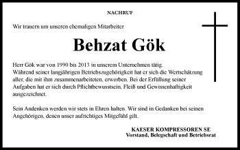 Traueranzeige von Behzat Gök von Neue Presse Coburg