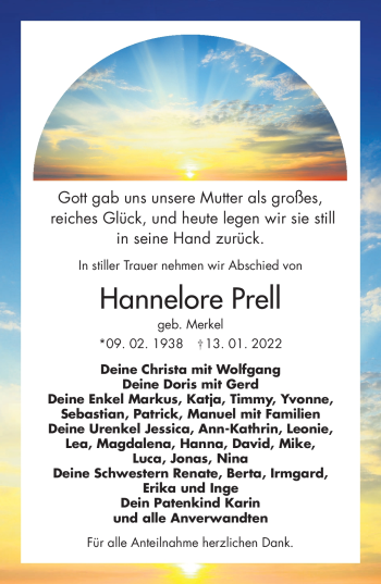 Traueranzeige von Hannelore Prell von Frankenpost
