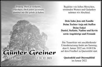 Traueranzeige von Günter Greiner von Südthüringer Presse