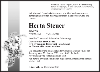 Traueranzeige von Herta Steuer von Südthüringer Presse