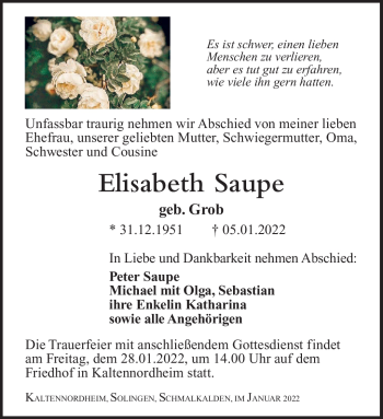 Traueranzeige von Elisabeth Saupe von Südthüringer Presse