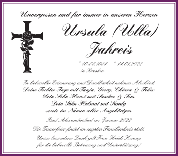 Traueranzeige von Ursula Jahreis von Frankenpost
