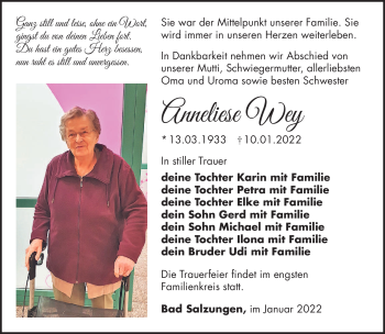 Traueranzeige von Anneliese Wey von Südthüringer Presse