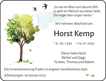 Traueranzeige von Horst Kemp von Südthüringer Presse