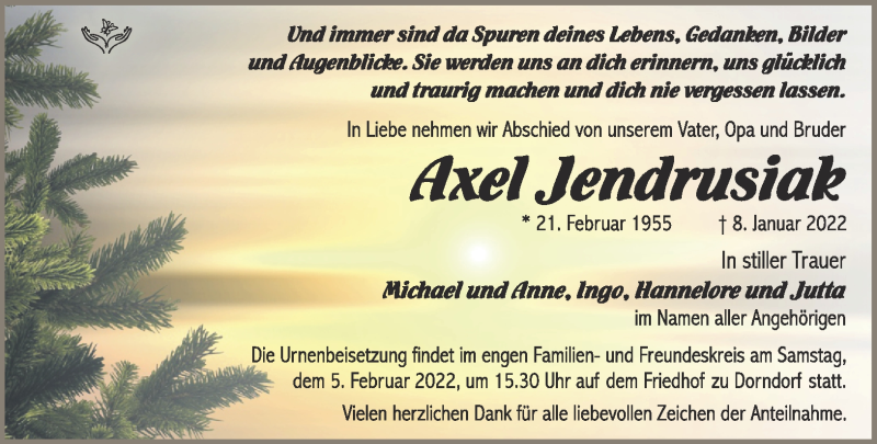  Traueranzeige für Axel Jendrusiak vom 29.01.2022 aus Südthüringer Presse