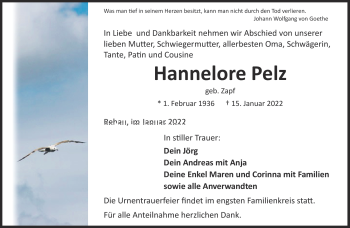 Traueranzeige von Hannelore Pelz von Frankenpost