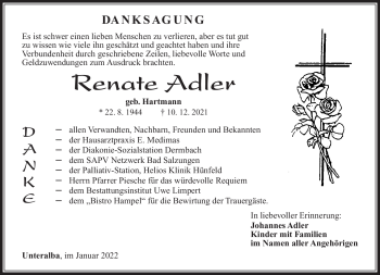 Traueranzeige von Renate Adler von Südthüringer Presse
