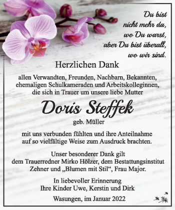 Traueranzeige von Doris Steffek von Südthüringer Presse