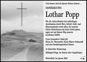 Traueranzeige von Lothar Popp von Südthüringer Presse