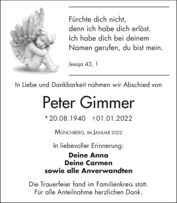 Traueranzeige von Peter Gimmer von Frankenpost