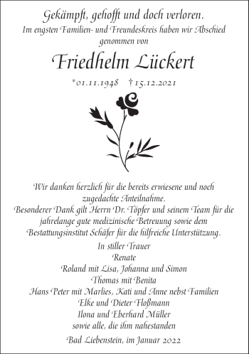 Traueranzeige von Friedhelm Lückert von Südthüringer Presse