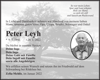 Traueranzeige von Peter Leyh von Südthüringer Presse