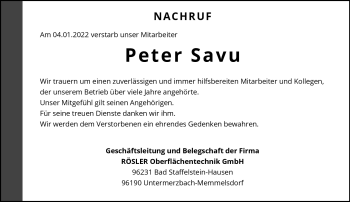 Traueranzeige von Peter Savu von Neue Presse Coburg