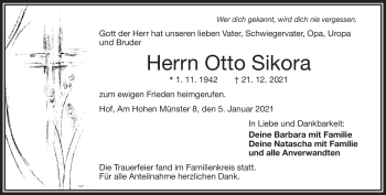 Traueranzeige von Otto Sikora von Frankenpost