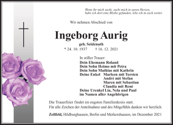 Traueranzeige von Ingeborg Aurig von Südthüringer Presse