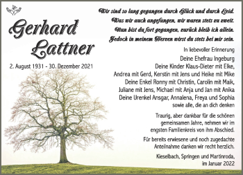 Traueranzeige von Gerhard Lattner von Südthüringer Presse
