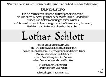 Traueranzeige von Lothar Schlott von Südthüringer Presse