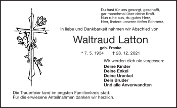 Traueranzeige von Waltraud Latton von Frankenpost