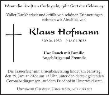 Traueranzeige von Klaus Hofmann von Südthüringer Presse