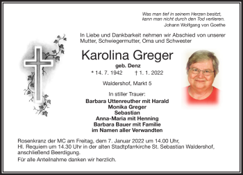 Traueranzeige von Karolina Greger von Frankenpost