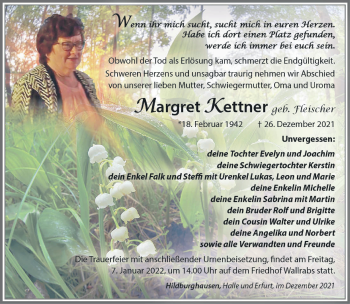 Traueranzeige von Margret Kettner von Südthüringer Presse