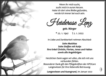 Traueranzeige von Heiderose Lenz von Südthüringer Presse