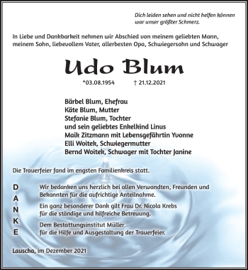 Traueranzeige von Udo Blum von Südthüringer Presse
