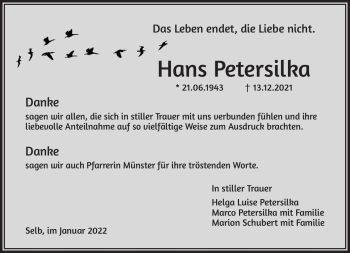 Traueranzeige von Hans Petersilka von Frankenpost