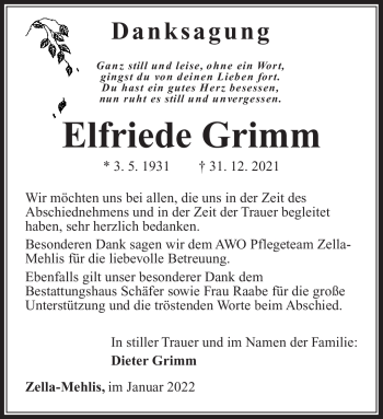 Traueranzeige von Elfriede Grimm von Südthüringer Presse
