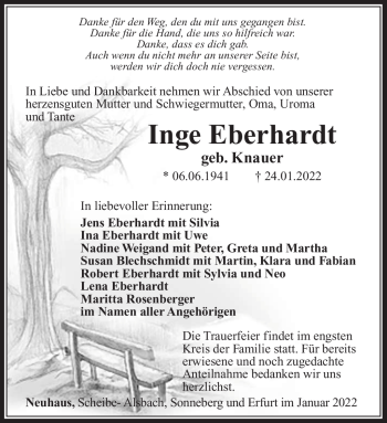 Traueranzeige von Inge Eberhardt von Südthüringer Presse