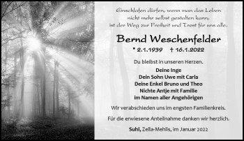 Traueranzeige von Bernd Weschenfelder von Südthüringer Presse