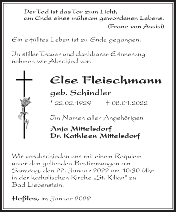 Traueranzeige von Else Fleischmann von Südthüringer Presse