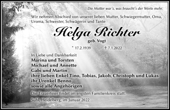 Traueranzeige von Helga Richter von Südthüringer Presse
