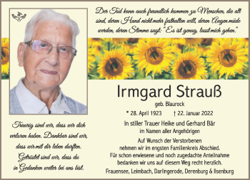 Traueranzeige von Irmgard Strauß von Südthüringer Presse