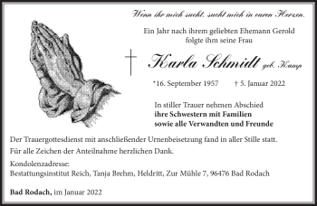 Traueranzeige von Karla Schmidt von Südthüringer Presse