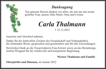 Traueranzeige von Carla Thalmann von Südthüringer Presse