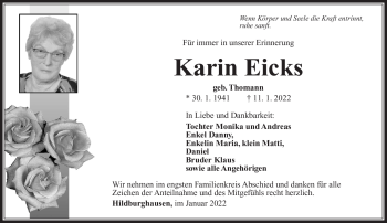 Traueranzeige von Karin Eicks von Südthüringer Presse