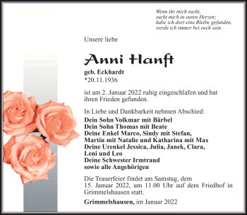 Traueranzeige von Anni Hanft von Südthüringer Presse