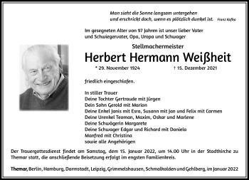Traueranzeige von Herbert Weißheit von Südthüringer Presse